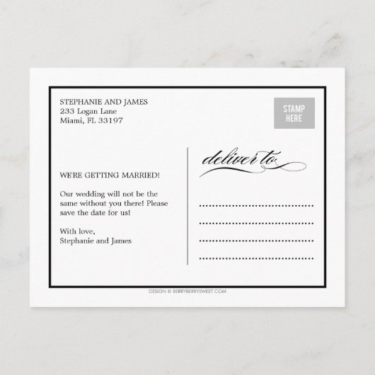 ゴージャスなスクリプト日付カードを保存 案内ポストカード (裏面)