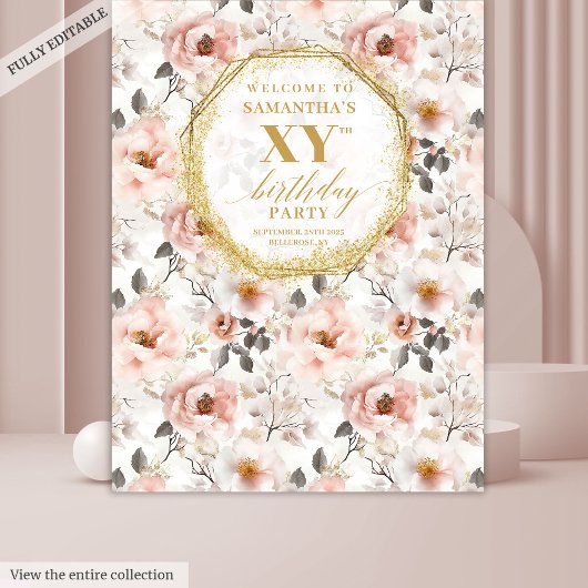 ゴージャスなダスティピンクの花のバースデーパーティーバナー タペストリー