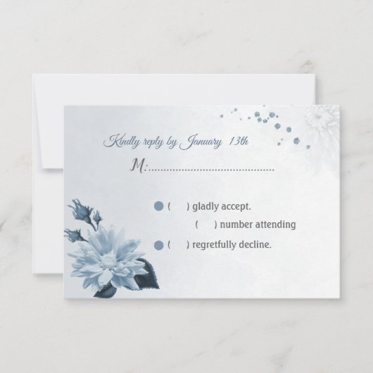 ゴージャスなダスティブルーフラワーネイビー葉ズRSVP 出欠カード (正面)