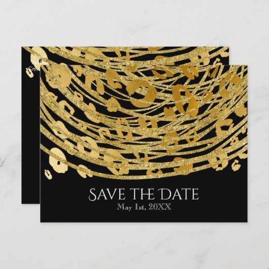 ゴージャスなチーター柄のエキゾチックなSave the Date 案内ポストカード (正面/裏面)