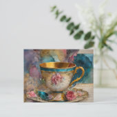 ゴージャスなティーカップミックスメディアコラージュ絵画ズ ポストカード (スタンド正面)