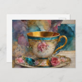 ゴージャスなティーカップミックスメディアコラージュ絵画ズ ポストカード (正面/裏面)