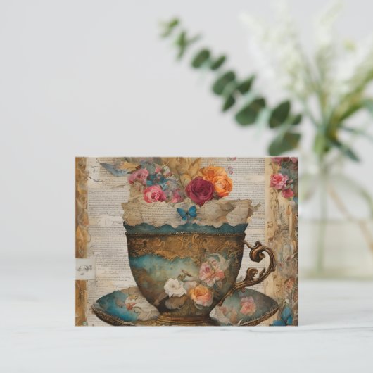 ゴージャスなティーカップミックスメディアコラージュ絵画ズ ポストカード (スタンド正面)