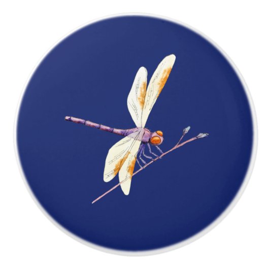 ゴージャスなトンボの枝オンダークブルー セラミックノブ (正面)