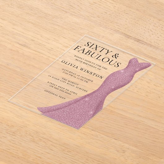 ゴージャスなドレス60thと素晴らしい60誕生日 アクリル招待状 (レイダウン)