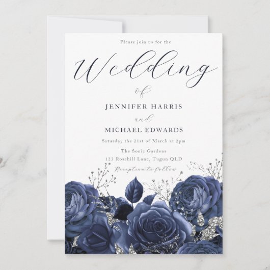 ゴージャスなネイビーインディゴバラ&シルバー結婚ズ 招待状 (正面)