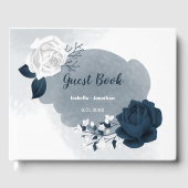 ゴージャスなネイビーブルー&ホワイトの花の植物 ゲストブック (正面)