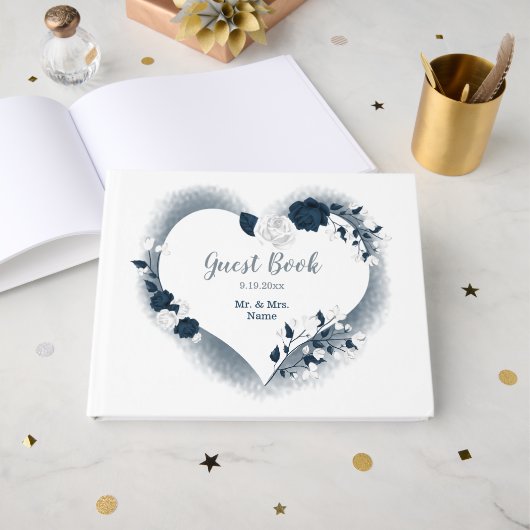 ゴージャスなネイビーブルー&ホワイトフローラハート ゲストブック (正面見開き)