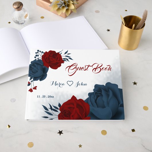 ゴージャスなネイビーブルー&レッドフラワーズゲストブック ゲストブック (正面見開き)