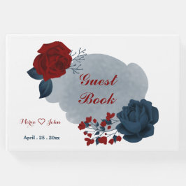 ゴージャスなネイビーブルー&レッドフラワーズゲストブック ゲストブック