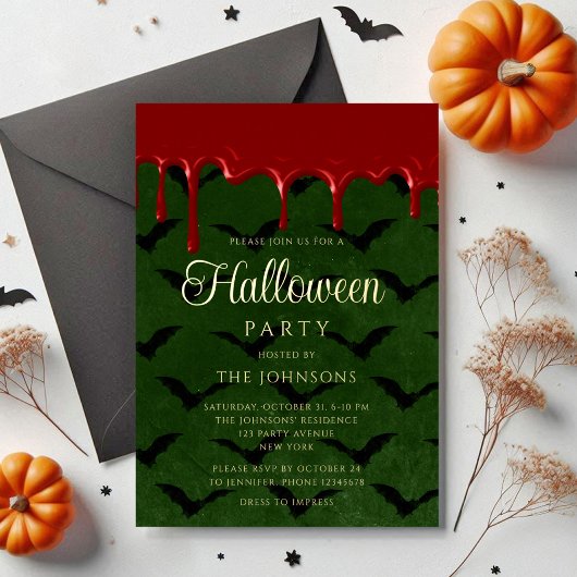 ゴージャスなハロウィンゴールドの血が滴るコウモリ 箔招待状