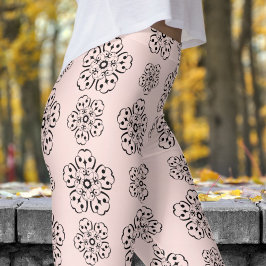 ゴージャスなバラピンクと黒マンデラ模様 レギンス