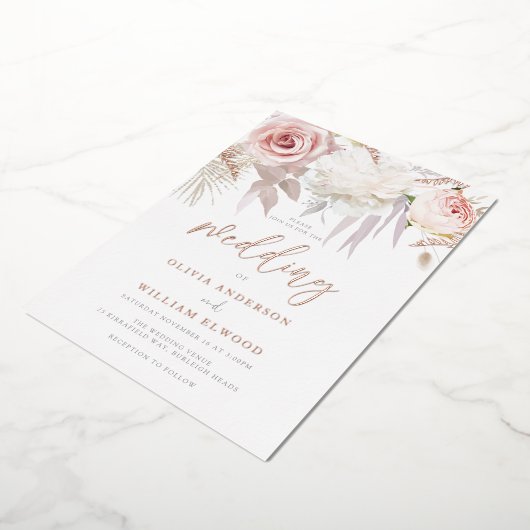 ゴージャスなバラ金ゴールドと赤面結婚フローラ 箔招待状 (回転した状態)