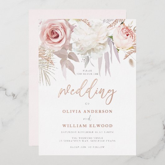 ゴージャスなバラ金ゴールドと赤面結婚フローラ 箔招待状 (正面/裏面)