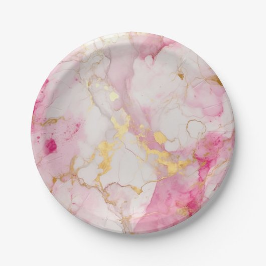 ゴージャスなピンクとゴールドのマーブル効果 ペーパープレート (正面)