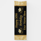 ゴージャスなブラックと金ゴールド50誕生日バナー 横断幕 (縦)