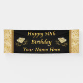 ゴージャスなブラックと金ゴールド50誕生日バナー 横断幕 (横)