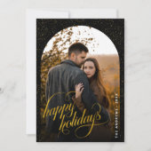 ゴージャスなブラック & ゴールド グリッター ホリデー アーチ フォト シーズンカード (正面)