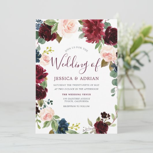 ゴージャスなブルゴーニュ赤ワイン赤面結婚式の招待 招待状 (スタンド正面)