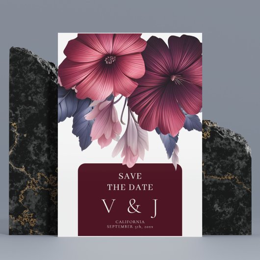 ゴージャスなブルゴーニュ赤面ピンクフローラデートを保存 招待状