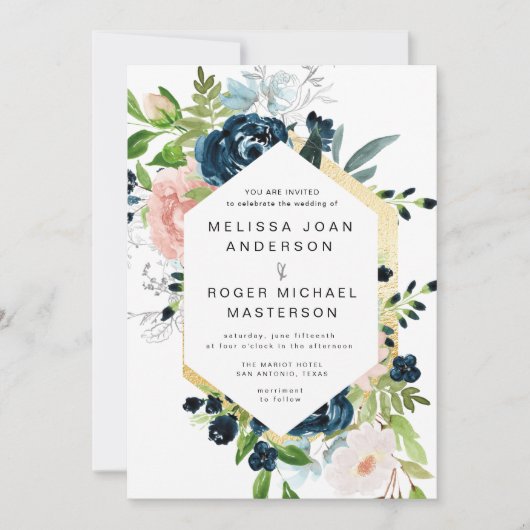 ゴージャスなブルース金ゴールドフローラ結婚式招待状 招待状 (正面)