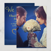 ゴージャスなブルー＆ゴールドの写真挙式発表 招待状 (正面/裏面)