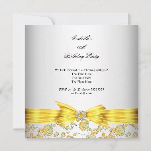 ゴージャスなホワイトイエローローズダマスク誕生日パーティー 招待状 (裏面)