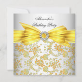 ゴージャスなホワイトイエローローズダマスク誕生日パーティー 招待状 (正面)