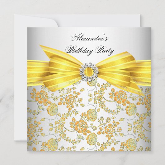 ゴージャスなホワイトイエローローズダマスク誕生日パーティー 招待状 (正面)