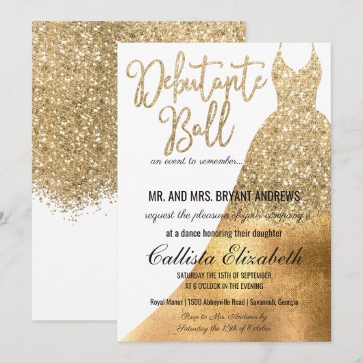 ゴージャスなホワイトゴールドのグリッターデビュータントドレス 招待状 (正面/裏面)