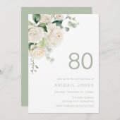 ゴージャスなホワイトローズ80thバースデーパーティー 招待状 (正面/裏面)