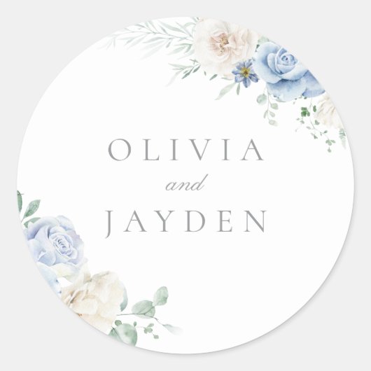 ゴージャスなボタニカルホワイト&ブルーフローラ結婚ズ ラウンドシール (正面)