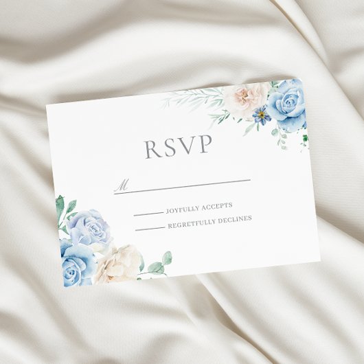 ゴージャスなボタニカルホワイト&ブルーフローラ結婚ズ 出欠カード