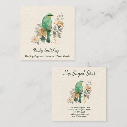 ゴージャスなミントと金ゴールドの鳥と花 スクエア名刺 (正面/裏面)