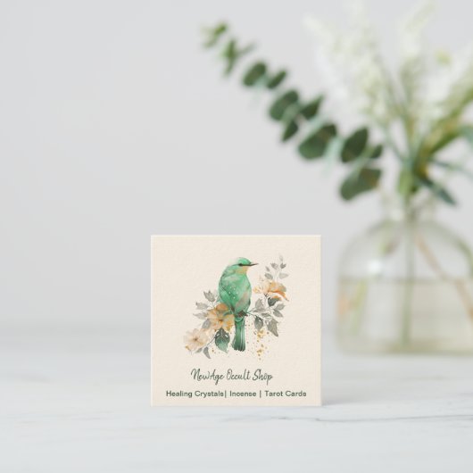 ゴージャスなミントと金ゴールドの鳥と花 スクエア名刺 (スタンド正面)