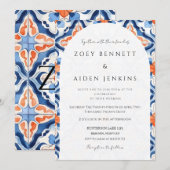 ゴージャスなライトブルーと結婚レッド 招待状 (正面/裏面)