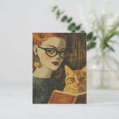 ゴージャスなヴィンテージスタイルの女性と彼女の猫の読書 ポストカード (スタンド正面)