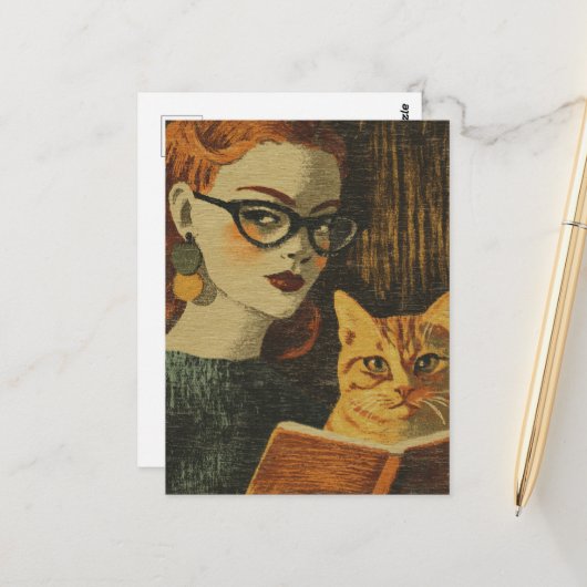 ゴージャスなヴィンテージスタイルの女性と彼女の猫の読書 ポストカード (正面/裏面インサイチュ)