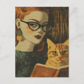 ゴージャスなヴィンテージスタイルの女性と彼女の猫の読書 ポストカード (正面)