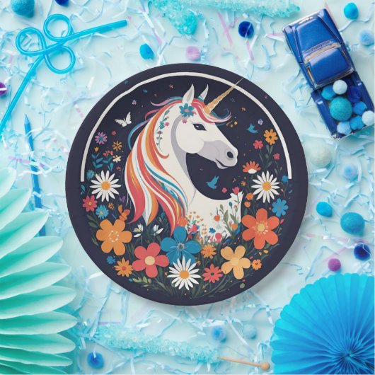 ゴージャスな一角獣と海軍の花 ペーパープレート (パーティー)