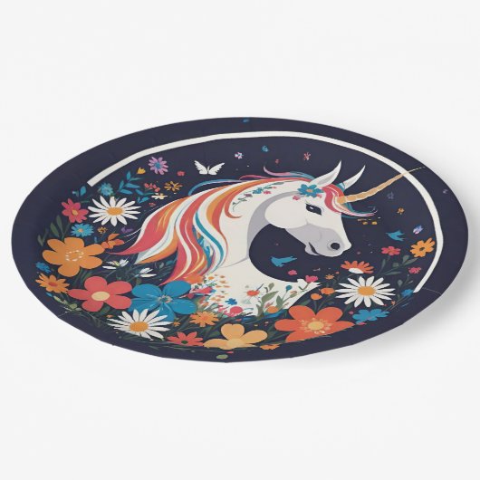 ゴージャスな一角獣と海軍の花 ペーパープレート (アングル)