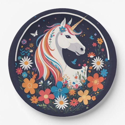 ゴージャスな一角獣と海軍の花 ペーパープレート (正面)