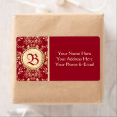 ゴージャスな中世金ゴールドダマスクカーマインレッドモノグラム ラベル (インサイチュ)