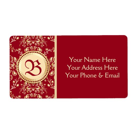 ゴージャスな中世金ゴールドダマスクカーマインレッドモノグラム ラベル (正面)