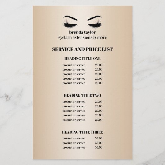 ゴージャスな偽の金のまつげサロンサービスリスト チラシ (正面)