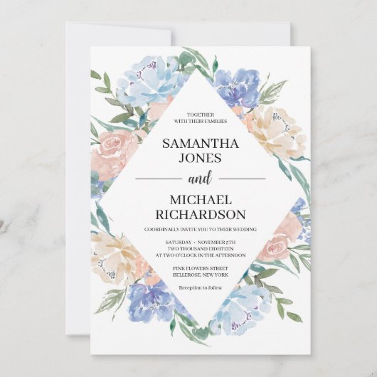 ゴージャスな埃っぽい青いピンクのフローラロ結婚ンバス 招待状 (正面)