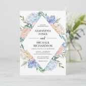 ゴージャスな埃っぽい青いピンクのフローラロ結婚ンバス 招待状 (スタンド正面)