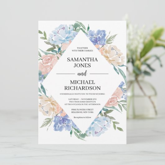 ゴージャスな埃っぽい青いピンクのフローラロ結婚ンバス 招待状 (スタンド正面)