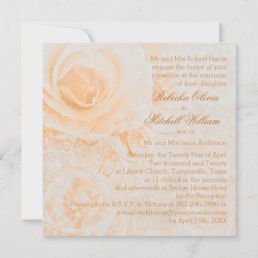 ゴージャスな桃のクリームバラ結婚ズ 招待状 (正面)