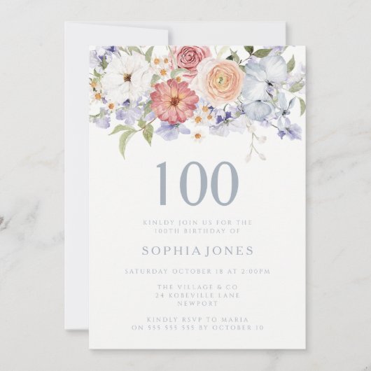 ゴージャスな植物学フローラ100th誕生日パーティー 招待状 (正面)